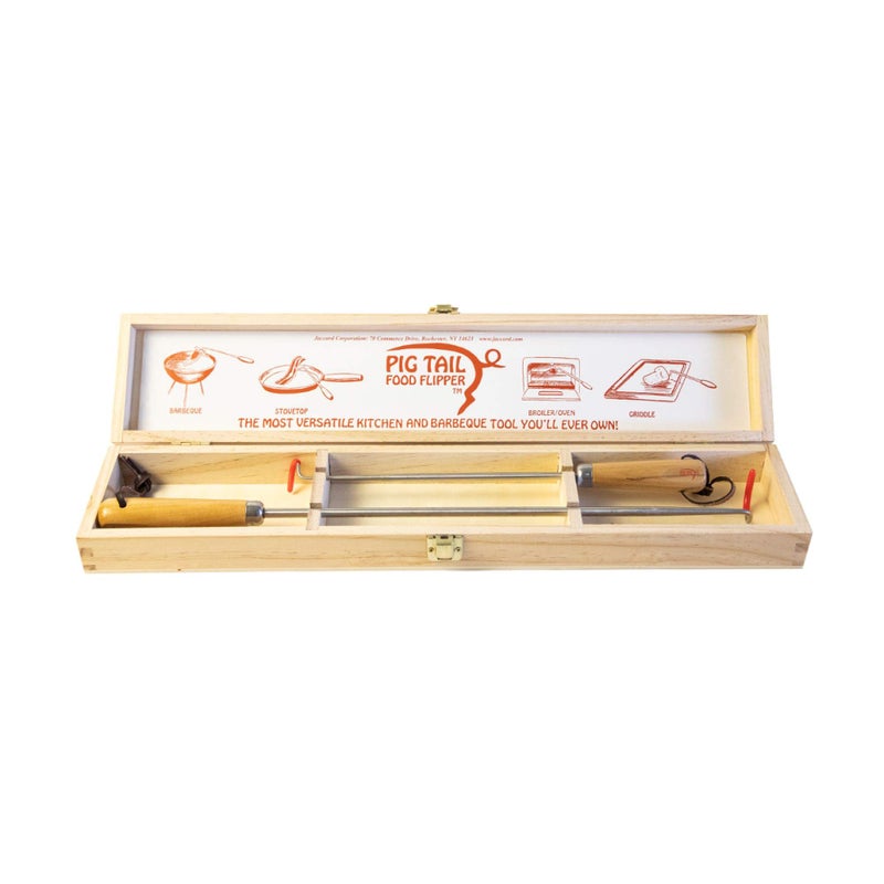 Jaccard Original Combo Pack with Wooden Gift Box, 12"/19", PigTail Food Flipper, Stainless Steel - Image 1
